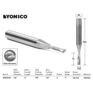 1/8" Dia. 2 Flute Low Helix Upcut Spiral End Mill CNC Router Bit - 1/4" Shank - Yonico 35210-SC