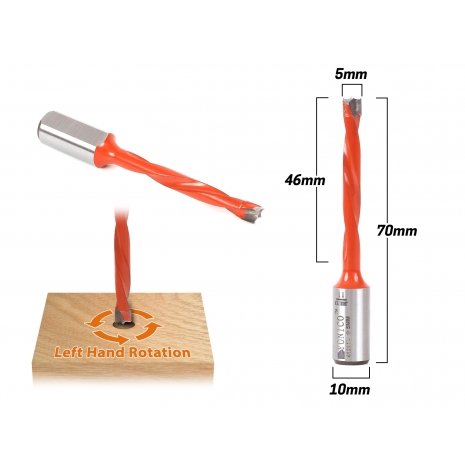5mm Brad Point Boring Bit - Left Hand - 70mm Length - 10mm Shank - Yonico 41205L