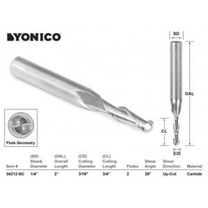 CNC Router Bit Ball Nose Solid Carbide 3/16" X 3/4" X 1/4" X 2" - YONICO 34212-SC